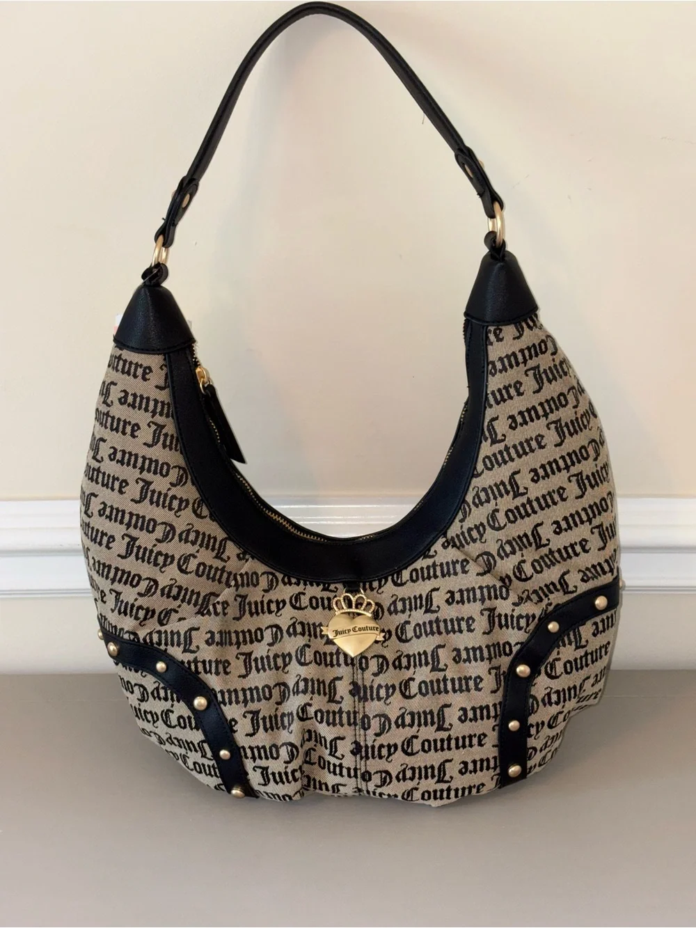 Juicy Couture Black & Beige Logo Hobo with Heart Charm